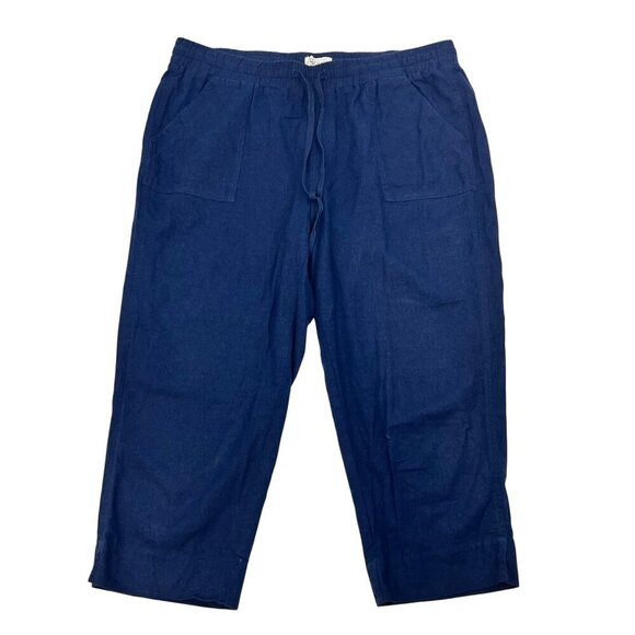Land n Sea Womens Cropped Drawstring Pants Navy Linen Blend Size XL Pockets - Picture 1 of 9